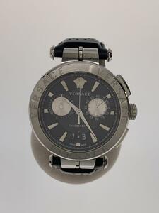 VERSACE◆クォーツ腕時計/アナログ/レザー/BLK/AION CHRONO 45 MM