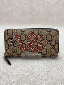 GUCCI◆長財布/スネークプリント/GGスプリーム/ラウンドジップ/PVC/ベージュ/メンズ/451273