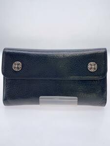 CHROME HEARTS◆WAVE WALLET/ウェーブウォレット/WAVE CROSS BTN/財布/レザー/BLK/メンズ