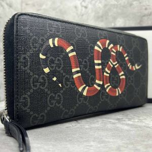 【希少/未使用級】 GUCCI グッチ 長財布 ラウンドファスナー スネーク 蛇 GG柄 ブラック 黒 PVC 本革 レザー メンズ レディース ビジネス