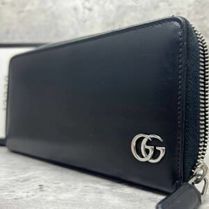 【未使用級】 GUCCI グッチ 長財布 ラウンドファスナー GGマーモント GGロゴ シルバー 銀 ブラック 黒 レザー メンズ レディース ビジネス