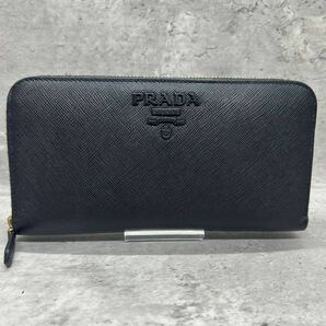 【未使用級】 PRADA プラダ 長財布 メンズ ラウンドファスナー 金ロゴ デカロゴ シャイン サフィアーノ レザー 本革 ブラック 黒 ビジネスの画像2