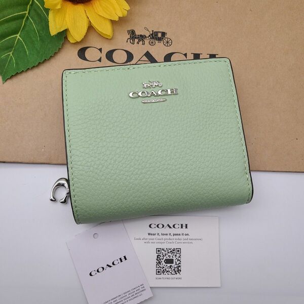 COACH 折り財布 新品 ライトグリーン 最新作 ペブルレザー 限定品 レディース