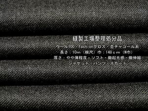 ウール100 fashionクロス やや薄微起毛感杢チャコール系9.6m最終