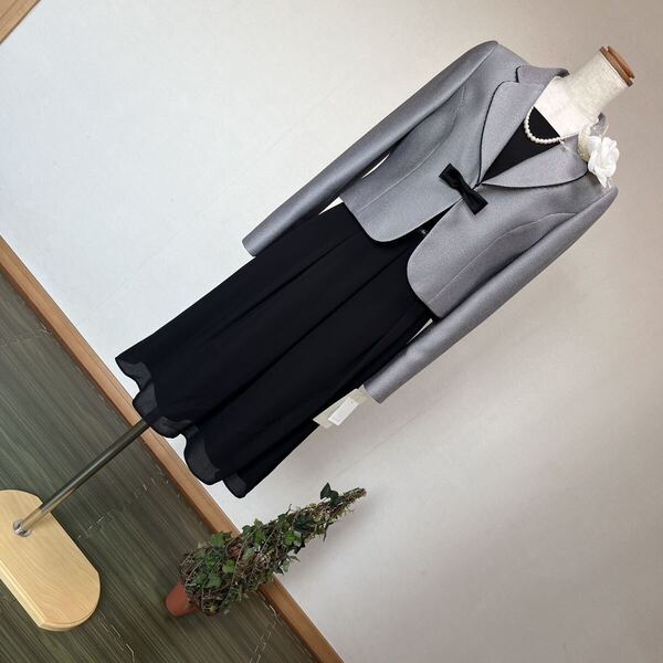 3-115新品フォーマルセレモニースーツセットアップ テーラードジャケット+ブラック黒ワンピース 9号 M 卒業式 入学式 結婚式