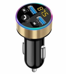 【vaps_6】FMトランスミッター Bluetooth5.0 USB2ポート カーチャージャー 《ゴールド》 音楽 電圧計 シガーソケット スマホ 急速充電 送込
