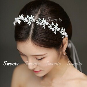  wedding hair accessory wedding front .. pearl head dress silver 