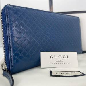 希少色/極美品 GUCCI グッチ 長財布 ラウンドファスナー メンズ ディアマンテ レザー 本革 青 ブルー ネイビー ウォレット ビジネス 総柄