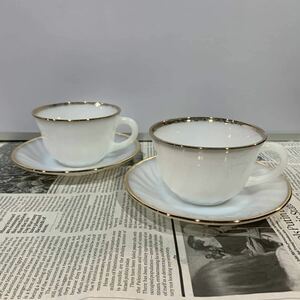 [24032601④HT]fire king/ Fire King / milk glass /milkglas/swirl gold trim/ cup & saucer / pair /2 customer set 