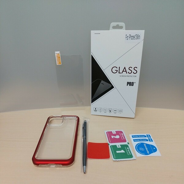 y030725fm iPhone 13 mini 用 ジャケット型 クリアケース レッド 強化ガラス付き 画面クリーナー付き