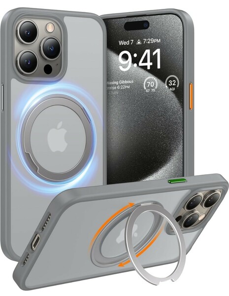 y030121fm TORRAS iPhone 15 Pro 用 ケース 360度 回転スタンド 縦横両対応 Halbachマグネット搭載 MagSafe対応 耐衝撃 チタングレー