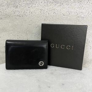 【贅沢品の極み】GUCCI グッチ　カードケース 名刺入れ　GG　インターロッキング　レザー　本革　ブラック シルバー ロゴ 