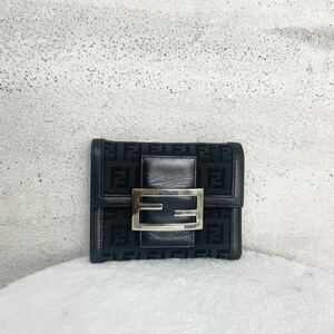 【贅沢品の極み】FENDI フェンディ　折り財布 カードケース　お札ケース　コインケース　ズッカ柄 キャンバス レザー　本革　ブラック