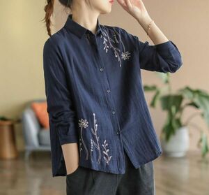  new arrival ~ shirt embroidery . lady's forest girl large size tops easy casual natural put on . adult pretty ~ navy ~M