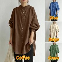 春夏 ～美品 カジュアル 綿麻 チュニック トップス ロングシャツ 復古風 長袖 大きいサイズ お洒落 きれいめ ブラウスシャツ～ ブルー_画像6