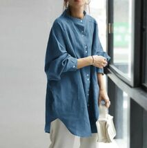 春夏 ～美品 カジュアル 綿麻 チュニック トップス ロングシャツ 復古風 長袖 大きいサイズ お洒落 きれいめ ブラウスシャツ～ ブルー_画像3