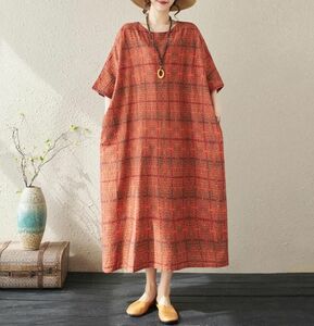 新入荷～ ロングワンピース 花柄 綿麻風 ロング丈 半袖 リネン混 マキシ丈 ゆったり 30代 40代 50代 着やせ 旅行 キレイめ ～レッド～XL