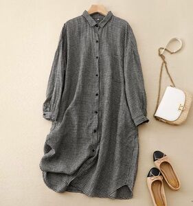 新入荷　～　カジュアル　シャツワンピース　チュニック　綿麻　ロングシャツ　長袖　小チェック柄　大きいサイズ　ロングワンピース　～