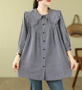  new arrival ~ check pattern shirt blouse tunic tops long shirt long sleeve spring autumn a line large size stylish casual manner ~