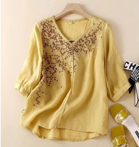  new arrival ~ cotton flax shirt lady's blouse tunic blouse 7 minute sleeve linen shirt natural put on .. easy pretty ~ yellow 