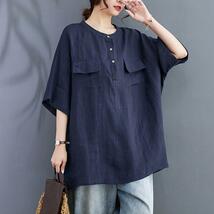 新入荷～ チュニック ロングシャツ レディース 夏 綿麻 半袖 大きいサイズ ゆるシルエット 無地 ～灰～紺_画像1