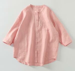  новое поступление ~ хлопок лен рубашка женский блуза linen7 минут рукав рубашка блуза лен . tops взрослый свободно большой размер ~ розовый 