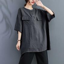 新入荷～ チュニック ロングシャツ レディース 夏 綿麻 半袖 大きいサイズ ゆるシルエット 無地 ～灰～紺_画像8