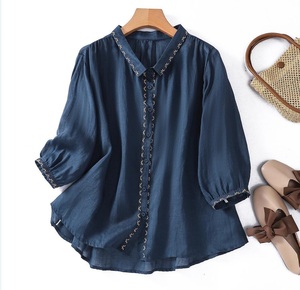  spring summer ~ on goods embroidery . shirt stylish tunic lady's 7 minute sleeve blouse tops easy large size ~ blue 