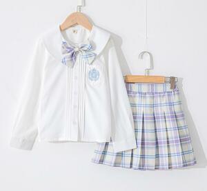  uniform 2 point set sailor suit girl child clothes short sleeves shirt pleated skirt graduation ceremony check pattern Kids JK uniform A line ribbon attaching ~ purple 