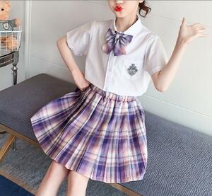  uniform 2 point set sailor suit girl child clothes short sleeves shirt pleated skirt check pattern Kids JK uniform A line school uniform ribbon attaching ~ purple 