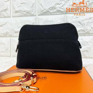 極美品【近年モデル】HERMES エルメス ボリードMM25 ショルダーバッグ 2way ポーチ ポリコットン 本革 ブラック H刺繍 正規品 希少 廃盤