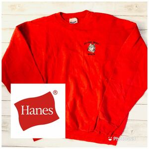 ヘインズ　Hanes L 裏起毛　企業ロゴ　スウェット　トレーナー　レッド