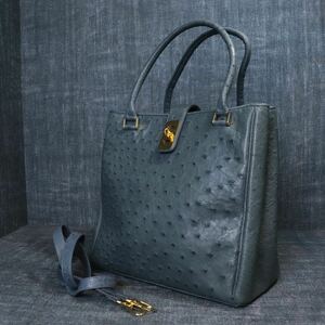 １円スタート イタリア製 オーストリッチ 2way ハンドバッグ ダチョウ genuine ostrich 駝鳥 エキゾチックレザー 1スタ ITALY グレーブルー