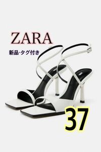 【新品】ZARA アシンメトリーハイヒールサンダル 37 ストラップサンダル　エナメル　ホワイト　ミュール