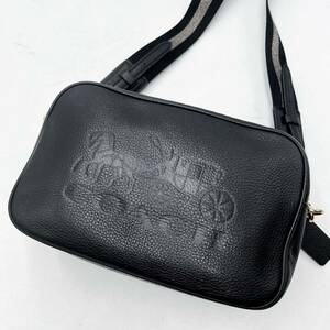 1円 【美品】コーチ COACH ショルダーバッグ カメラバッグ ペブルレザー シボ革 デカロゴ ブラック 黒 ストライプ 