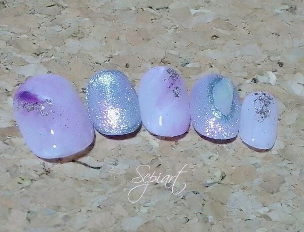 No92 ジェルネイルチップ☆付け爪☆シアーホワイト&パープル☆ニュアンスネイル マグネット