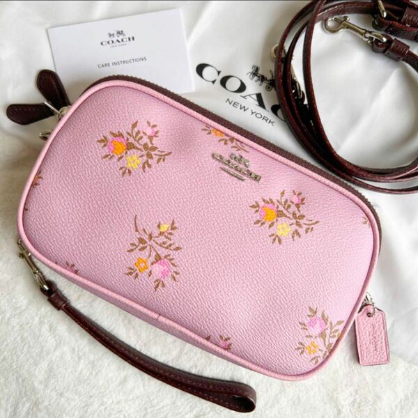 超美品 ぽてぽて華やかバッグ COACH ピンク 2way ショルダーバッグ ポーチ 花柄 春 桃色 コーチ バッグ 小さめ