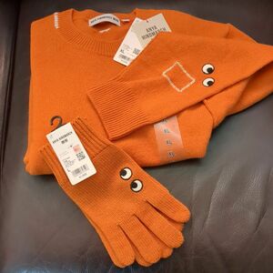 ユニクロ　アニヤハインドマーチコラボ　セーターXL　グローブＬ手袋 　オレンジセット 手袋 