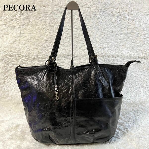 PECORA トートバッグ　肩掛け　ブラック　光沢　シワ加工　A4収納可能　 ショルダーバッグ