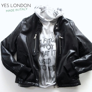 【YES LONDON イエスロンドン / イタリア】本革 レザー コンビ ライダースジャケット シングル 黒 48!! （85800円 MADE IN ITALY） 