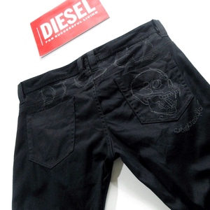 【DIESEL ディーゼル】スカル ロゴ 刺繍 ストレッチ ブラックデニム ボタンフライ!! （W32 ウエスト90センチ）