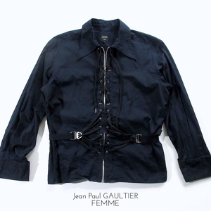 【Jean Paul GAULTIER FEMME ジャンポールゴルチエ フェム】90年代 ダブルカフス ジップシャツ 濃紺 size40!!　アーカイブ 