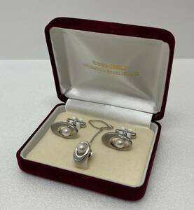 【ST17695MY】美品 MIKIMOTO PEARL ISLAND/ミキモト真珠島 SILVER刻印 カフス ネクタイピン セット 6.5mm玉 化粧箱有 全体:13.9g