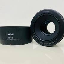 【IK-27169】1円～ CANON 単焦点レンズ EF 50mm 1：18 STM 前後キャップ・レンズフード付 撮影確認済 現状品 キャノン キヤノン レンズ_画像1