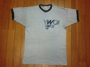 ビンテージ 70s USA製 チャンピオン 霜降り Tシャツ L バータグ ブルー系 染み込みプリント YWCA 古着