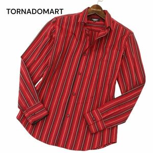 美品★ TORNADOMART トルネードマート 通年 マルチストライプ★ スリム 長袖 シャツ Sz.M　メンズ 赤 日本製　C4T01588_2#C