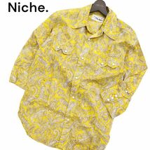 Niche. ニッチ 春夏 ペイズリー★ 総柄 7分袖 ウエスタン シャツ Sz.M　メンズ 黄色 日本製　C4T01585_2#A_画像1