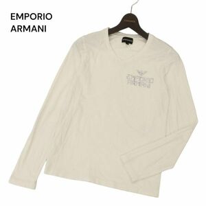 EMPORIO ARMANI エンポリオ アルマーニ スタッズ装飾★ ロゴ 長袖 Vネック カットソー ロンTシャツ Sz.S　メンズ 白 日本製　C4T01910_3#F