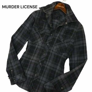 MURDER LICENSE マーダーライセンス スカルボタン★ 襟袖ワイヤー 長袖 ウエスタン チェック シャツ Sz.46　メンズ グレー　C4T02017_3#C