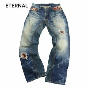 ETERNAL 備中倉敷工房 倉 エターナル 和柄 花柄 切替★ ダメージ＆リペア加工 デニム パンツ ジーンズ Sz.32　メンズ 日本製　C4B01161_3#R